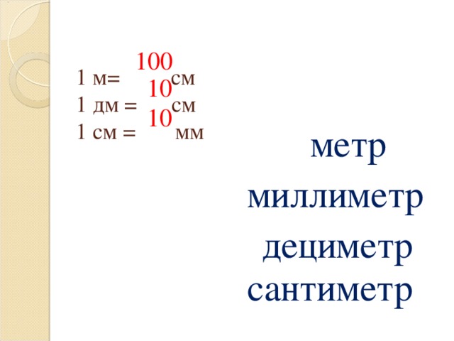 100 1 м= см  1 дм = см  1 см = мм   10 10 метр миллиметр дециметр сантиметр