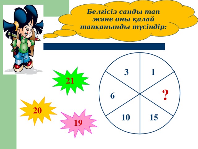 Белгісіз санды тап және оны қалай тапқанынды түсіндір: 1 3 21 ? 6 20 19 10 15
