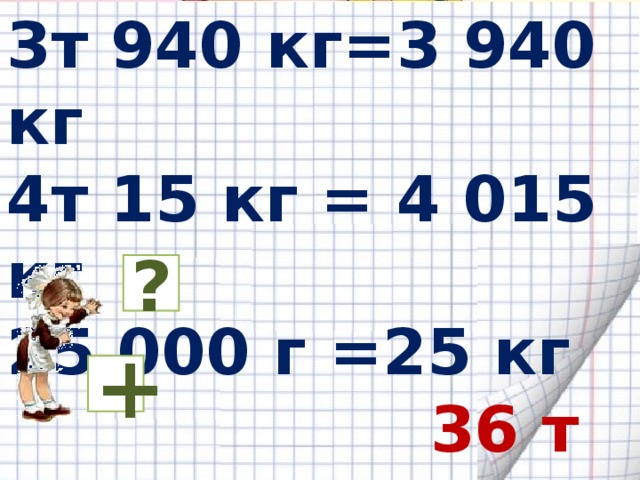 3т 940 кг=3 940 кг 4т 15 кг = 4 015 кг 25 000 г =25 кг  36 т = 360 ц  8 т 3 ц =83 ц  30 ц = 3 т    ? +