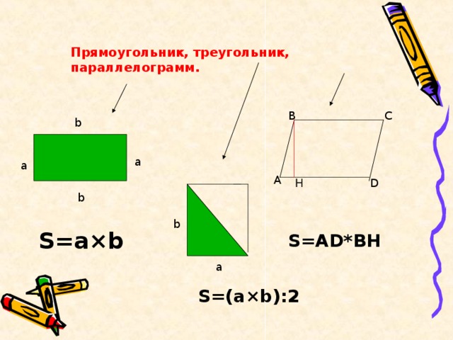 Прямоугольник, треугольник, параллелограмм. C B b а a A H D b b S=a×b S=AD*BH a S=(a×b):2