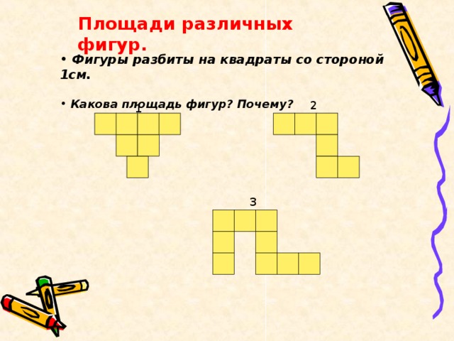 Площади различных фигур.  Фигуры разбиты на квадраты со стороной 1см.   Какова площадь фигур? Почему? 2 1 3