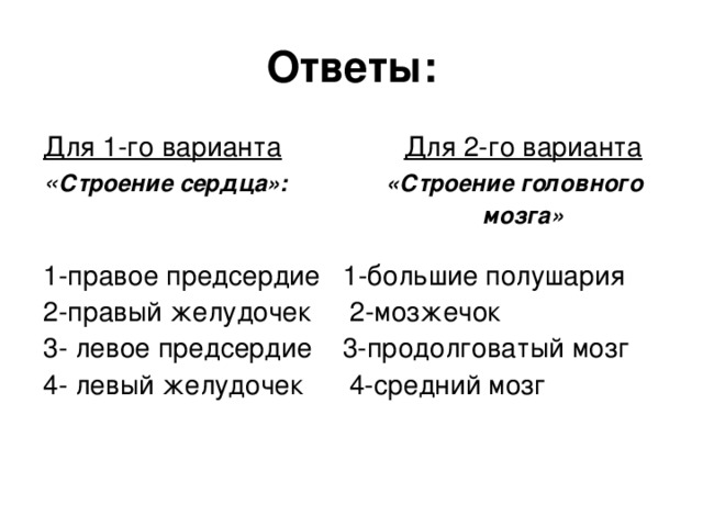 Ответы: Для 1-го варианта  Для 2-го варианта « Строение сердца»: «Строение головного  мозга» 1-правое предсердие 1-большие полушария 2-правый желудочек 2-мозжечок 3- левое предсердие 3-продолговатый мозг 4- левый желудочек 4-средний мозг