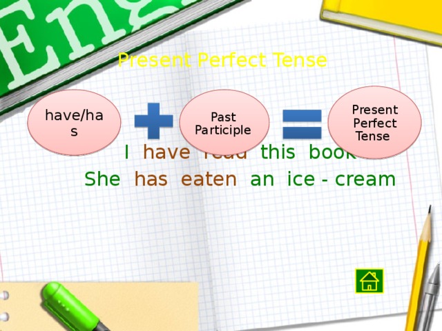 Present Perfect Tense                                   I have read this book   She has eaten an ice - cream Present Perfect Tense have/has Past Participle