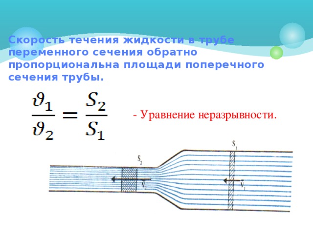 Скорость течения жидкости в трубе переменного сечения обратно пропорциональна площади поперечного сечения трубы.     - Уравнение неразрывности.