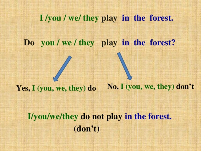 I /you / we/ they play   in the forest.  Do  you / we / they play  in the forest?      I/you/we/they  do not play in the forest.  (don’t)   No, I (you, we, they) don’t  Yes, I (you, we, they) do