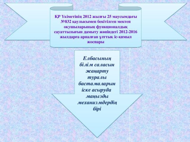 ҚР Үкіметінің 2012 жылғы 25 маусымдағы №832 қаулысымен бекітілген мектеп оқушыларының функционалдық сауаттылығын дамыту жөніндегі 2012-2016 жылдарға арналған ұлттық іс-қимыл жоспары Елбасының білім саласын жаңарту туралы бастамаларын іске асыруда маңызды механизмдердің бірі