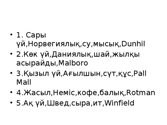 1. Сары үй,Норвегиялық,су,мысық,Dunhil 2.Көк үй,Даниялық,шай,жылқы асырайды,Malboro 3.Қызыл үй,Ағылшын,сүт,құс,Pall Mall 4.Жасыл,Неміс,кофе,балық,Rotman 5.Ақ үй,Швед,сыра,ит,Winfield