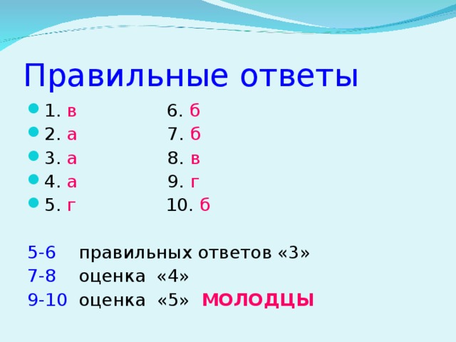 Правильные ответы 1. в 6. б 2. а 7. б 3. а 8. в 4. а 9. г 5. г 10. б 5-6 правильных ответов «3» 7-8 оценка «4» 9-10 оценка «5» МОЛОДЦЫ