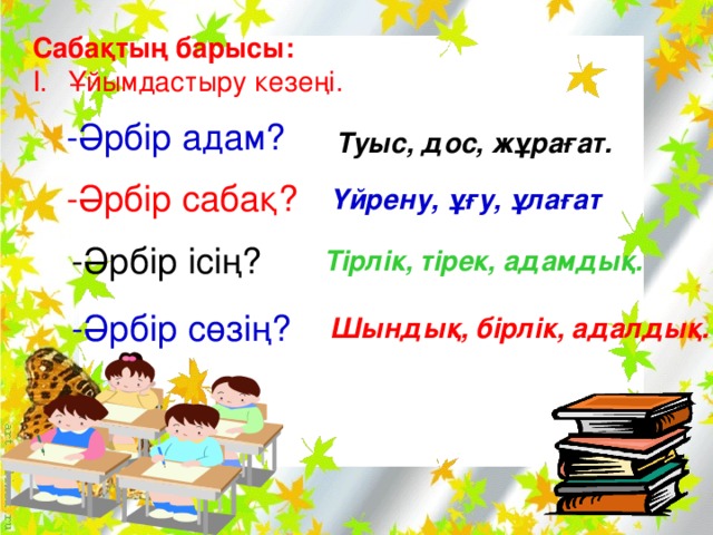 Сабақтың барысы: Ұйымдастыру кезеңі.   -Әрбір адам? Туыс, дос, жұрағат. -Әрбір сабақ? Үйрену, ұғу, ұлағат -Әрбір ісің? Тірлік, тірек, адамдық. -Әрбір сөзің? Шындық, бірлік, адалдық.