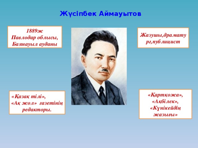 Жүсіпбек Аймауытов 1889ж Павлодар облысы, Баянауыл ауданы Жазушы,драматург,публицист «Қартқожа», «Ақбілек», «Күнікейдің жазығы» «Қазақ тілі», «Ақ жол» газетінің редакторы.