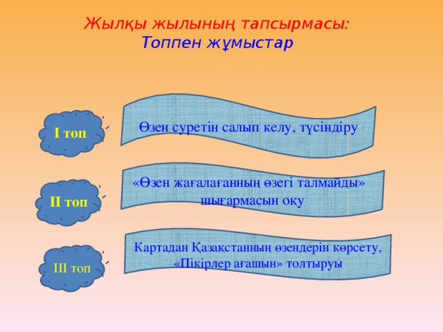 Жылқы жылының тапсырмасы:  Топпен жұмыстар Өзен суретін салып келу, түсіндіру І топ «Өзен жағалағанның өзегі талмайды» шығармасын оқу ІІ топ Картадан Қазақстанның өзендерін көрсету, «Пікірлер ағашын» толтыруы ІІІ топ