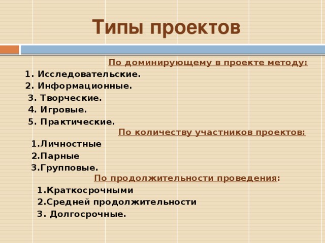 Выберите лишнее типы проектов по продолжительности