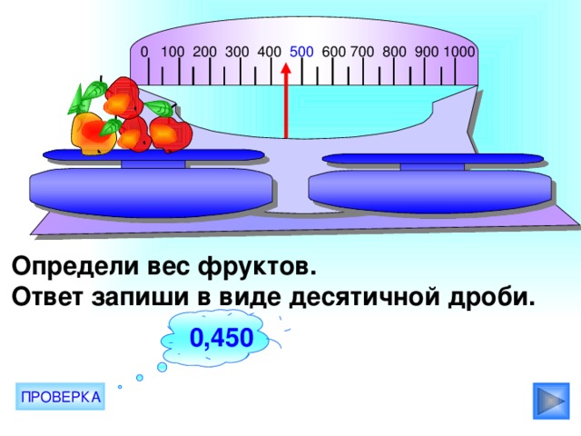 0 100 200 300 400 500 600 700 800 900 1000                                       Определи вес фруктов. Ответ запиши в виде десятичной дроби. 0,45 0,450 ПРОВЕРКА