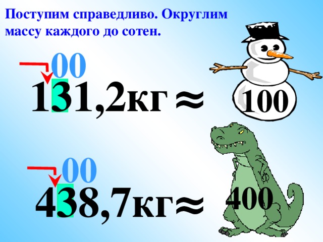 Поступим справедливо. Округлим массу каждого до сотен. 00  131,2кг ≈ 100  00  438,7кг ≈ 400