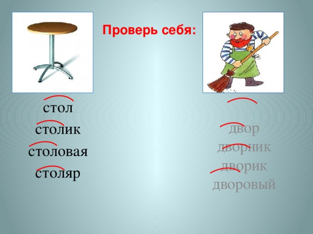 Проверь себя: стол столик столовая столяр двор дворник дворик дворовый