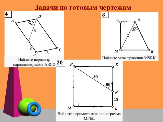 Задачи по готовым чертежам Найдите углы трапеции М SRK Найдите периметр параллелограмма АВС D Найдите периметр параллелограмма MFEL