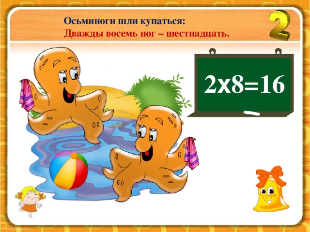 Осьминоги шли купаться: Дважды восемь ног – шестнадцать. 2 х 8=16