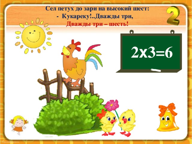 Сел петух до зари на высокий шест:  - Кукареку!..Дважды три,  Дважды три – шесть! 2 х 3=6