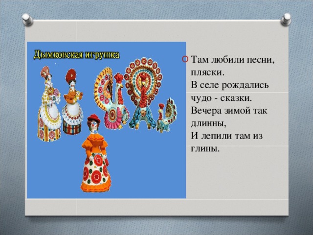 Там любили песни, пляски.  В селе рождались чудо - сказки.  Вечера зимой так длинны,  И лепили там из глины.