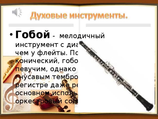 Гобой - мелодичный инструмент с диапазоном ниже, чем у флейты. По форме немного конический, гобой обладает певучим, однако несколько гнусавым тембром, а в верхнем регистре даже резким. Он в основном используется как оркестровый сольный инструмент.