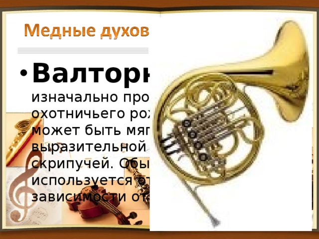 Валторна (рожок) - изначально произошла от охотничьего рожка, валторна может быть мягкой и выразительной или резкой и скрипучей. Обычно в оркестре используется от 2 до 8 валторн в зависимости от произведения.