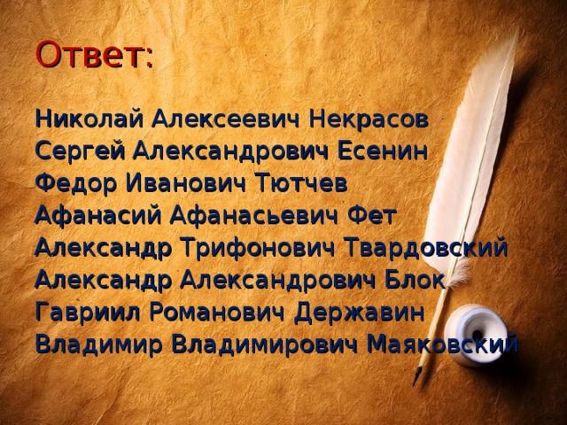 Ответ: Николай Алексеевич Некрасов Сергей Александрович Есенин Федор Иванович Тютчев Афанасий Афанасьевич Фет Александр Трифонович Твардовский Александр Александрович Блок Гавриил Романович Державин Владимир Владимирович Маяковский