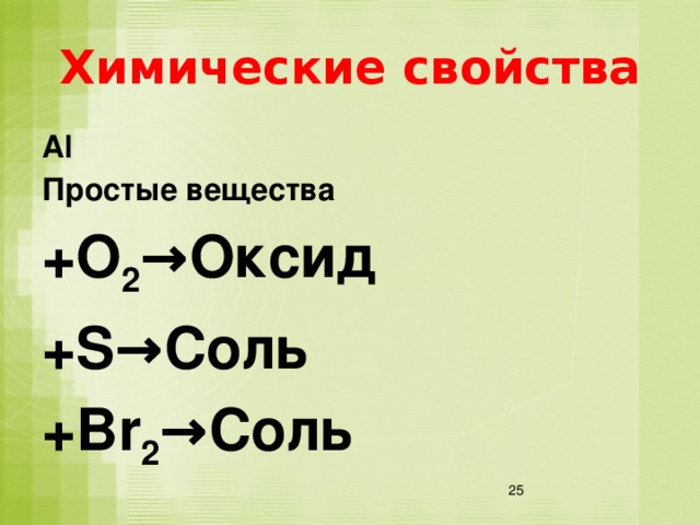Химические свойства Al Простые вещества +O 2 →Оксид +S→Соль +Br 2 →Соль