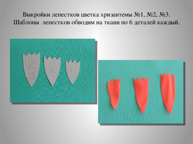 Выкройки лепестков цветка хризантемы №1, №2, №3. Шаблоны лепестков обводим на ткани по 6 деталей каждый.