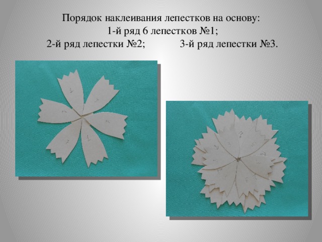 Порядок наклеивания лепестков на основу:  1-й ряд 6 лепестков №1;  2-й ряд лепестки №2; 3-й ряд лепестки №3.