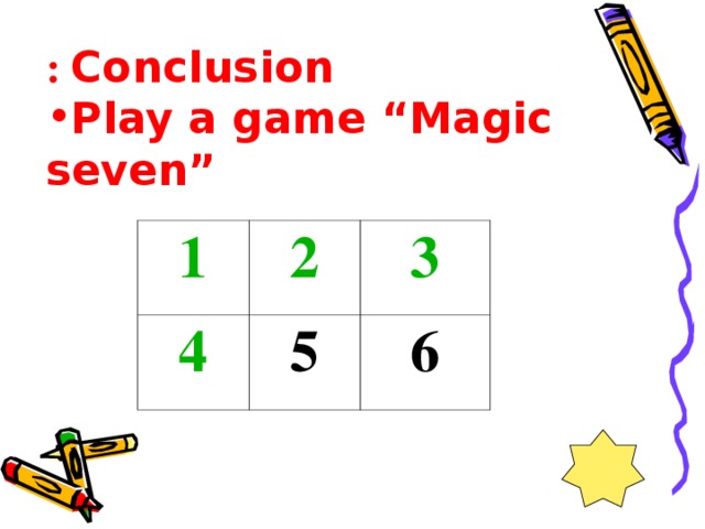 Conclusion : Play a game “Magic seven” 1 2 4 3 5 6