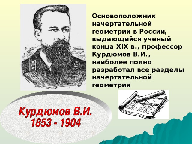 Основоположник начертательной геометрии в России, выдающийся ученый конца XIX в., профессор Курдюмов В.И., наиболее полно разработал все разделы начертательной геометрии