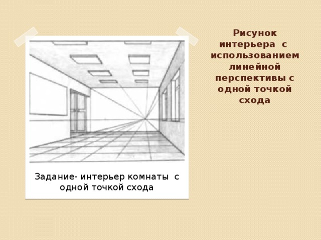 Рисунок интерьера с использованием линейной перспективы с одной точкой схода Задание- интерьер комнаты с одной точкой схода
