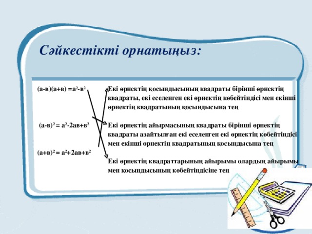 Сәйкестікті орнатыңыз:   (а-в)(а+в) =а 2 -в 2      (а-в) 2 = а 2 -2ав+в 2   (а+в) 2 = а 2 +2ав+в 2   Екі өрнектің қосындысының квадраты бірінші өрнектің квадраты, екі еселенген екі өрнектің көбейтіндісі мен екінші өрнектің квадратының қосындысына тең   Екі өрнектің айырмасының квадраты бірінші өрнектің квадраты азайтылған екі еселенген екі өрнектің көбейтіндісі мен екінші өрнектің квадратының қосындысына тең   Екі өрнектің квадраттарының айырымы олардың айырымы мен қосындысының көбейтіндісіне тең