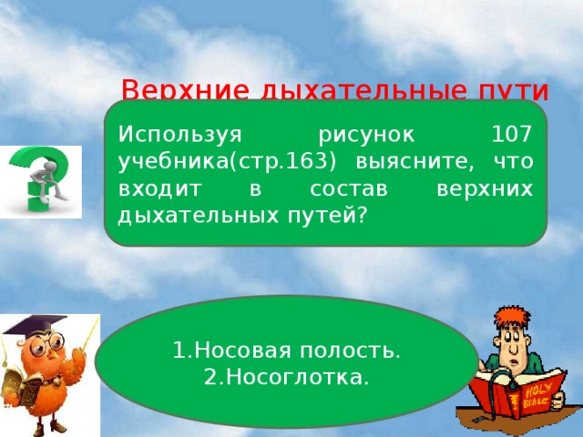 Верхние дыхательные пути Используя рисунок 107 учебника(стр.163) выясните, что входит в состав верхних дыхательных путей? 1.Носовая полость. 2.Носоглотка.