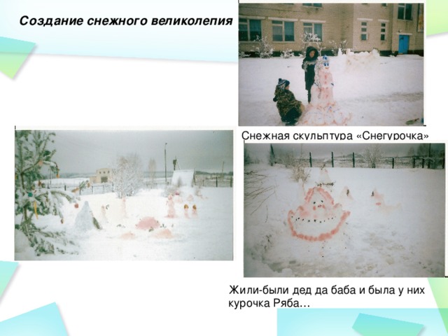 Создание снежного великолепия Снежная скульптура «Снегурочка» Жили-были дед да баба и была у них курочка Ряба…