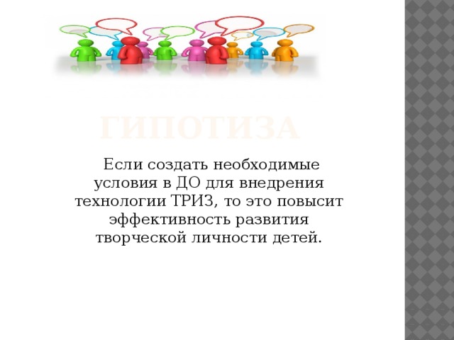 ГИПОТИЗА  Если создать необходимые условия в ДО для внедрения технологии ТРИЗ, то это повысит эффективность развития творческой личности детей.