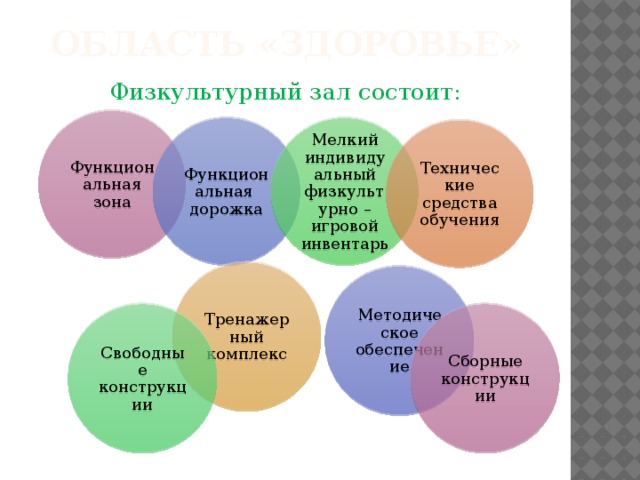 Область «Здоровье» Физкультурный зал состоит: Функциональная зона Функциональная дорожка Мелкий индивидуальный физкультурно – игровой инвентарь Технические средства обучения Тренажерный комплекс Методическое обеспечение Свободные конструкции Сборные конструкции