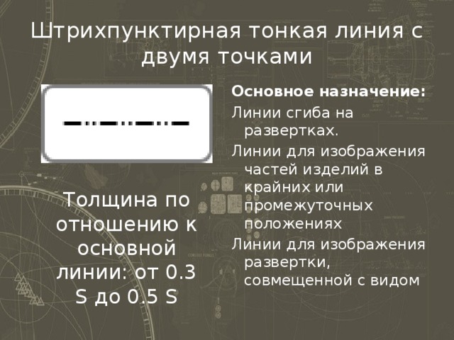 Штрихпунктирная тонкая линия с двумя точками Основное назначение: Линии сгиба на развертках. Линии для изображения частей изделий в крайних или промежуточных положениях Линии для изображения развертки, совмещенной с видом Толщина по отношению к основной линии: от 0.3 S до 0.5 S