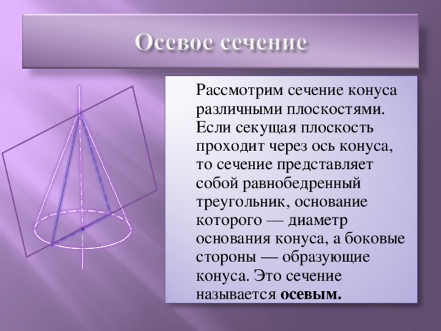 Рассмотрим сечение конуса различными плоскостями. Если секущая плоскость проходит через ось конуса, то сечение представляет собой равнобедренный треугольник, основание которого — диаметр основания конуса, а боковые стороны — образующие конуса. Это сечение называется осевым.