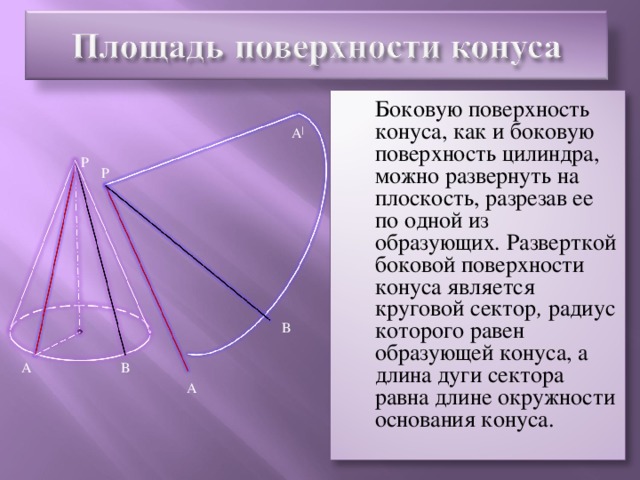 Боковую поверхность конуса, как и боковую поверхность цилиндра, можно развернуть на плоскость, разрезав ее по одной из образующих . Разверткой боковой поверхности конуса является круговой сектор , радиус которого равен образующей конуса, а длина дуги сектора равна длине окружности основания конуса. А | Р Р В А В А