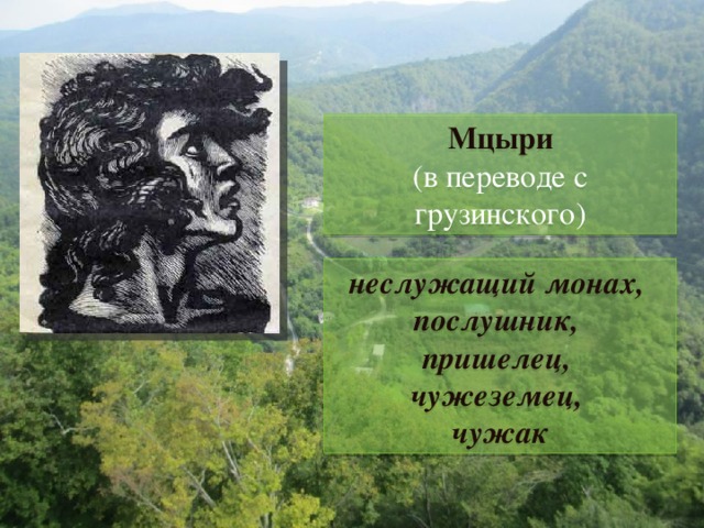 Мцыри (в переводе с грузинского) неслужащий монах, послушник, пришелец, чужеземец, чужак