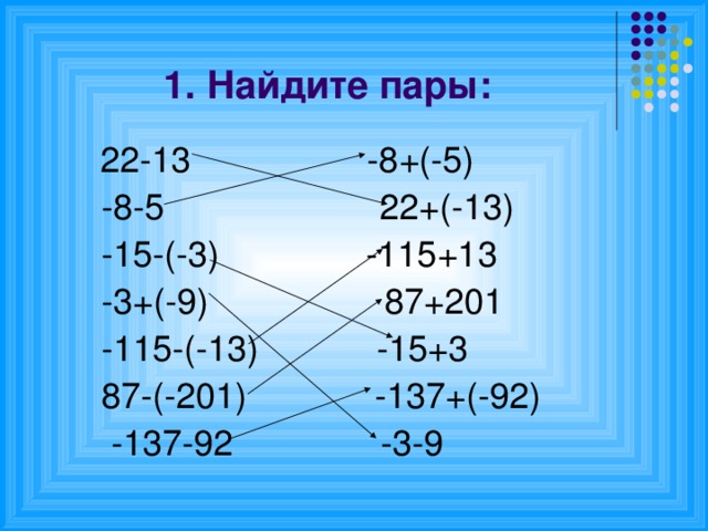 1. Найдите пары:  22-13 -8+(-5)  -8-5 22+(-13)  -15-(-3) -115+13  -3+(-9) 87+201  -115-(-13) -15+3  87-(-201) -137+(-92)  -137-92 -3-9