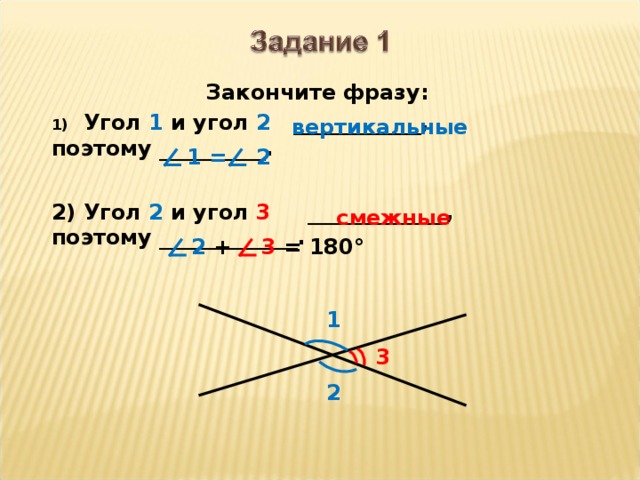Закончите фразу: Угол 1 и угол 2 ____________, поэтому __________.  2) Угол 2 и угол 3 _____________, поэтому _____________. вертикальные 1 = 2 смежные 2 + 3 = 180° 1 3 2