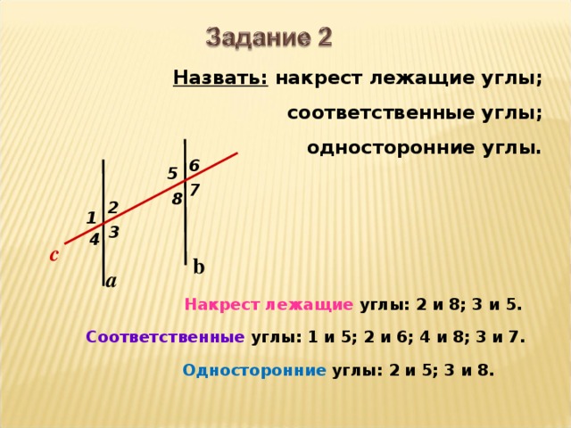 Назвать: накрест лежащие углы;  соответственные углы;  односторонние углы. 6 5 7 8 2 1 3 4 c b a Накрест лежащие углы: 2 и 8; 3 и 5. Соответственные углы: 1 и 5; 2 и 6; 4 и 8; 3 и 7. Односторонние углы: 2 и 5; 3 и 8.