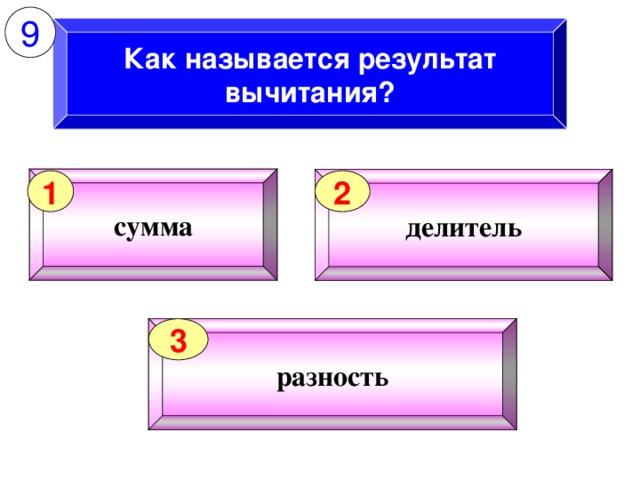 9 Как называется результат вычитания? сумма делитель 1 2 разность 3