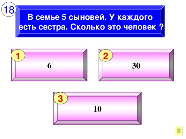 18 В семье 5 сыновей. У каждого  есть сестра. Сколько это человек ? 6 30 1 2 10 3