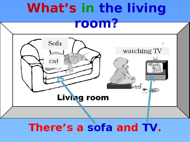 What’s  in the living room? There’s a sofa and TV .