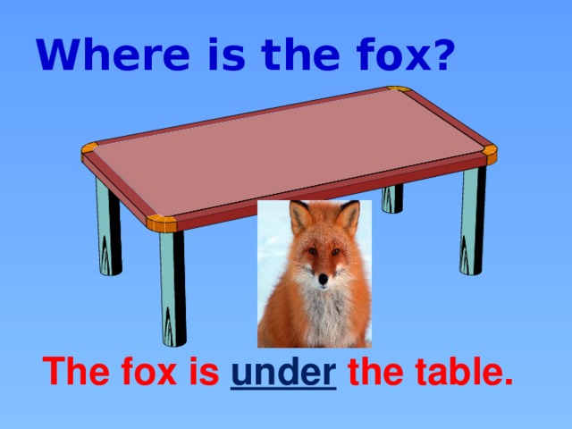 Where is the fox? The fox is under the table.