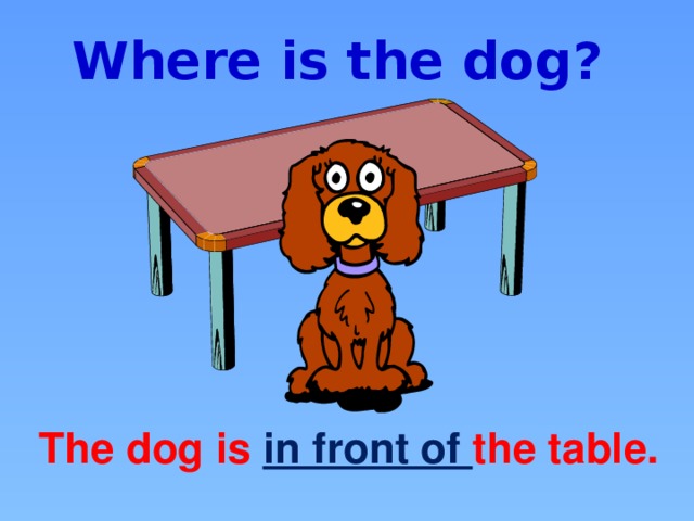 Where is the dog? The dog is in front of the table.