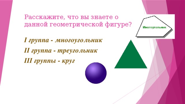 Расскажите, что вы знаете о данной геометрической фигуре? I группа - многоугольник II группа - треугольник III группы - круг